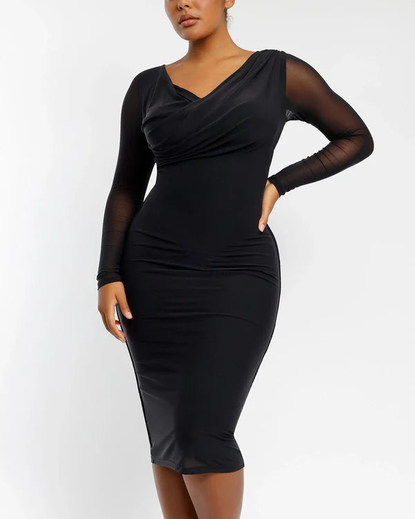 Robe moulante drapée en maille à col en V