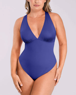Bare Essentials™ AirSlim® Deep V-Neck Cross Back Thong Bodysuit